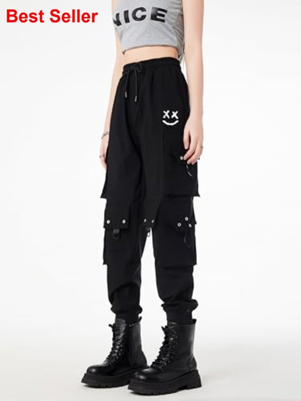 Nylon Spandex Cargo Pants High Waist Adjustable Drawstring Techwear Joggers - Picture 3 of 7